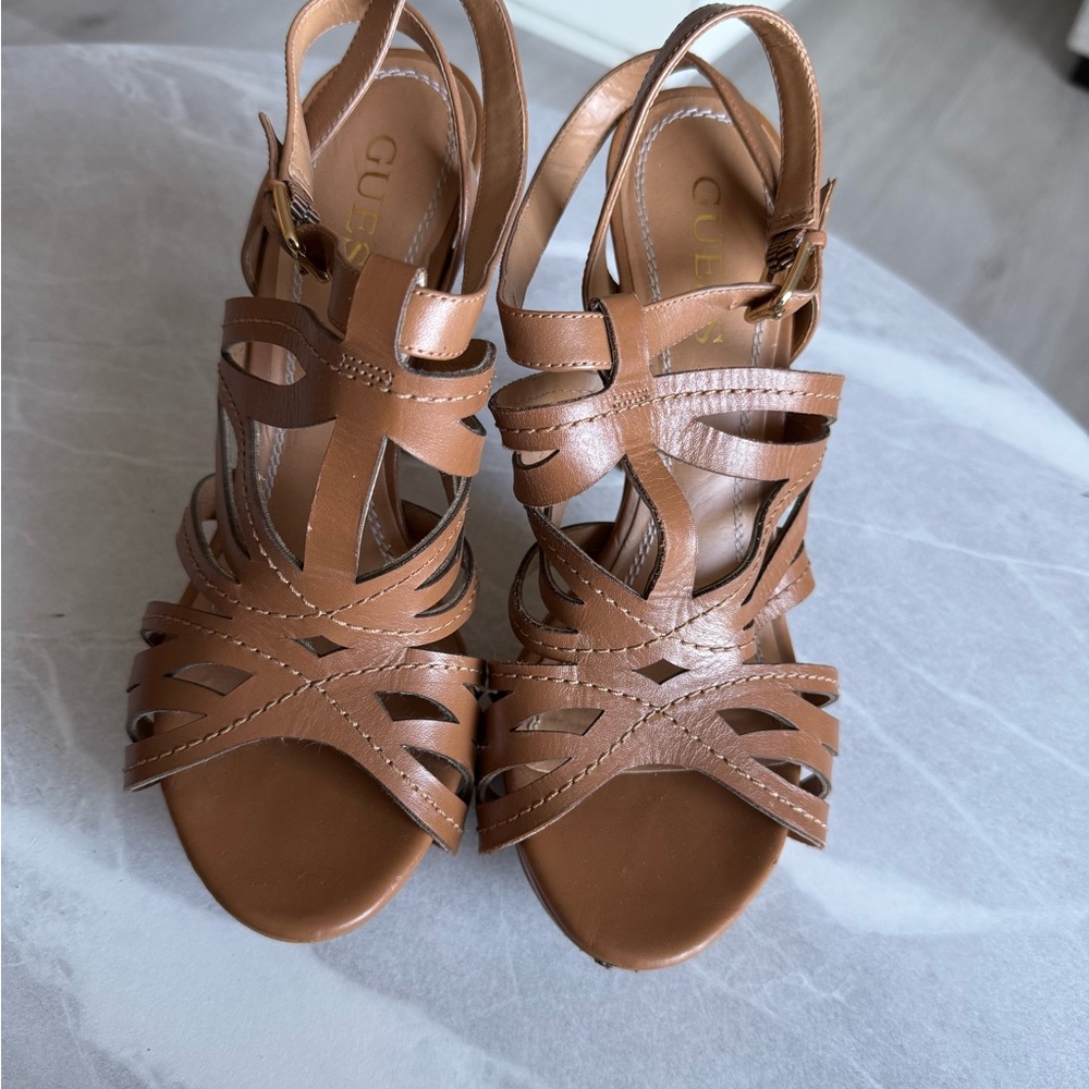 Guess Tan Strappy Sandals with Ankle Buckle